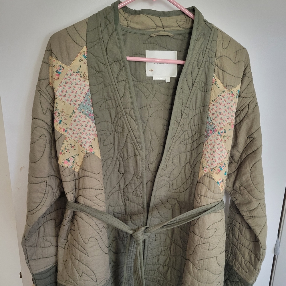 Anthropologie quilted patchwork kimono jacket small olive green